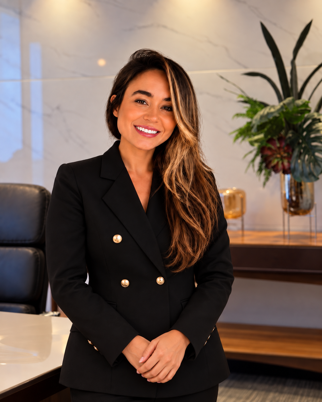 Dra. Luysla Leite, de roupa preta, no retrato institucional do escritório.